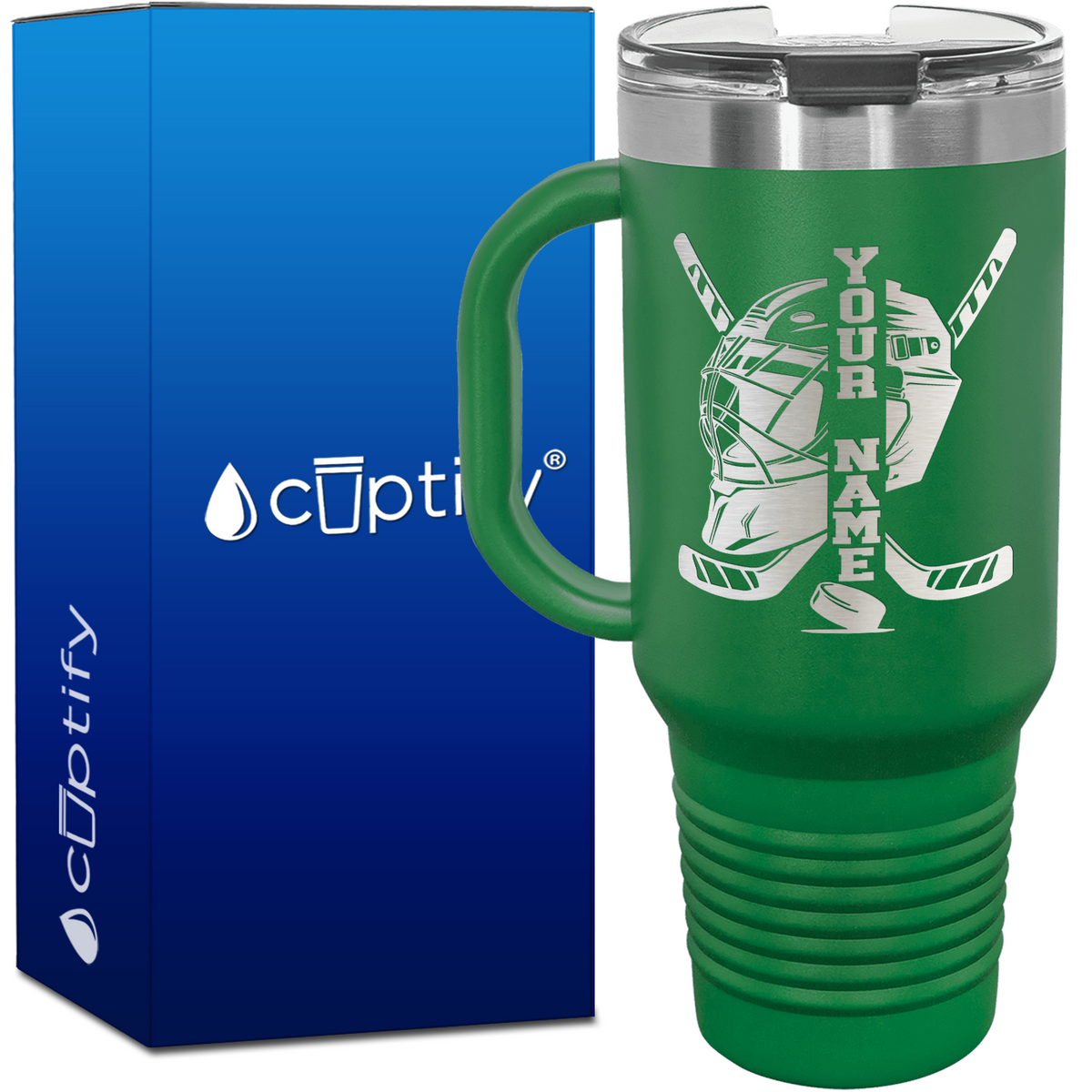 Personalized Hockey Goalie Helmet and Sticks 40oz Travel Mug