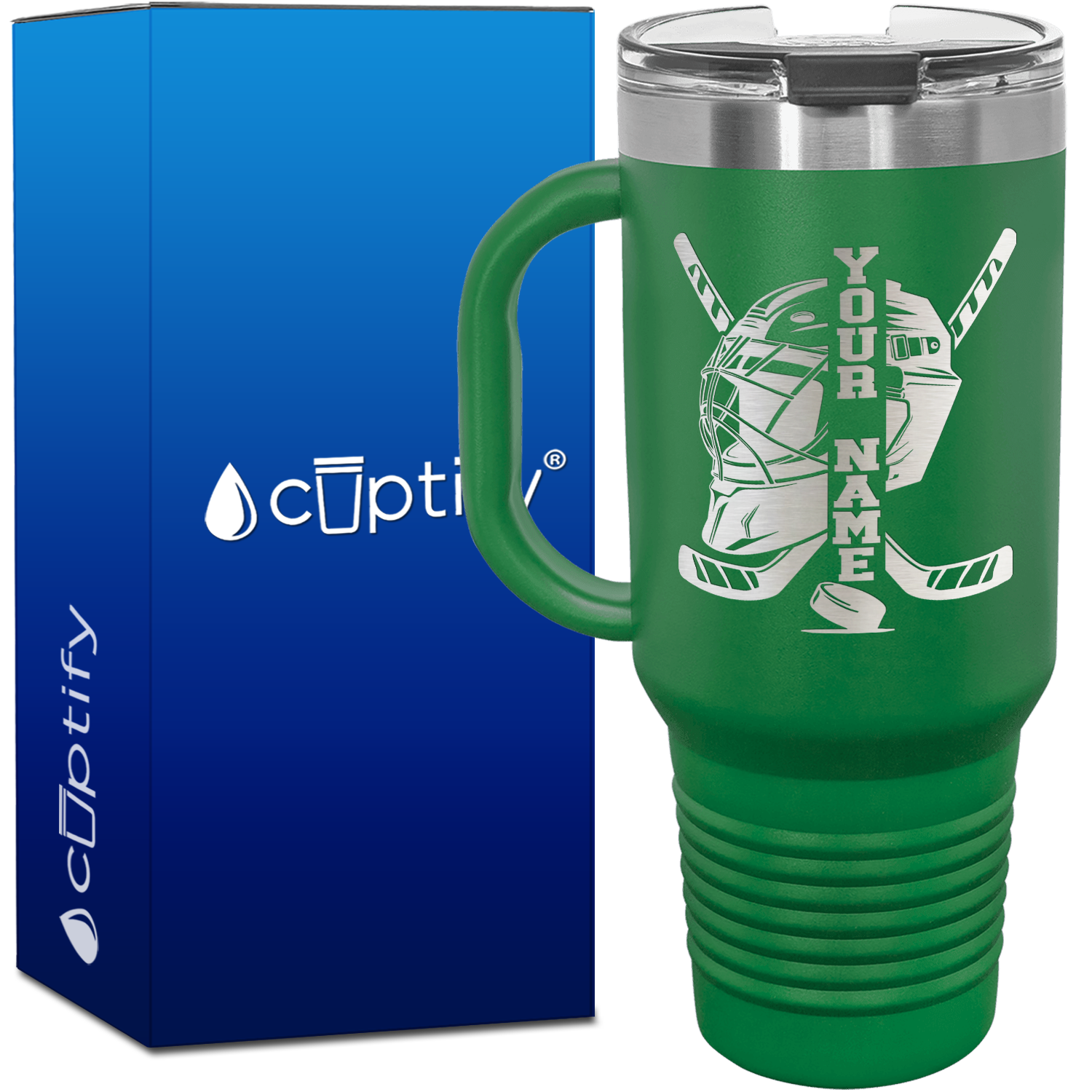 Personalized Hockey Goalie Helmet and Sticks 40oz Travel Mug