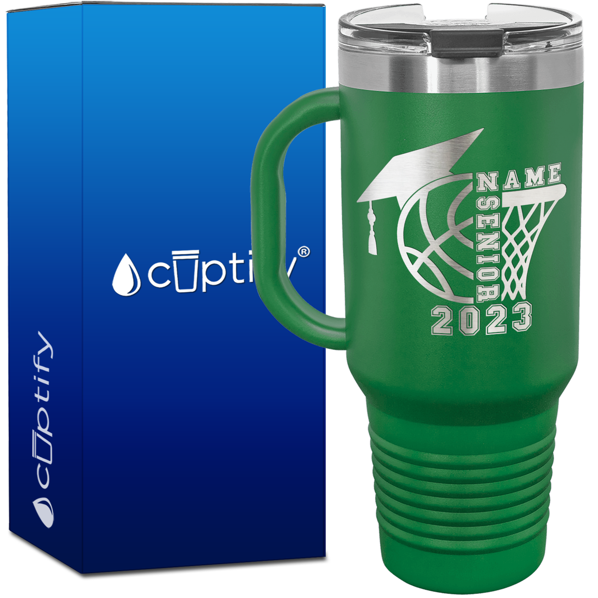 Personalized Basketball Senior with Grad Cap 40oz Basketball Travel Mug