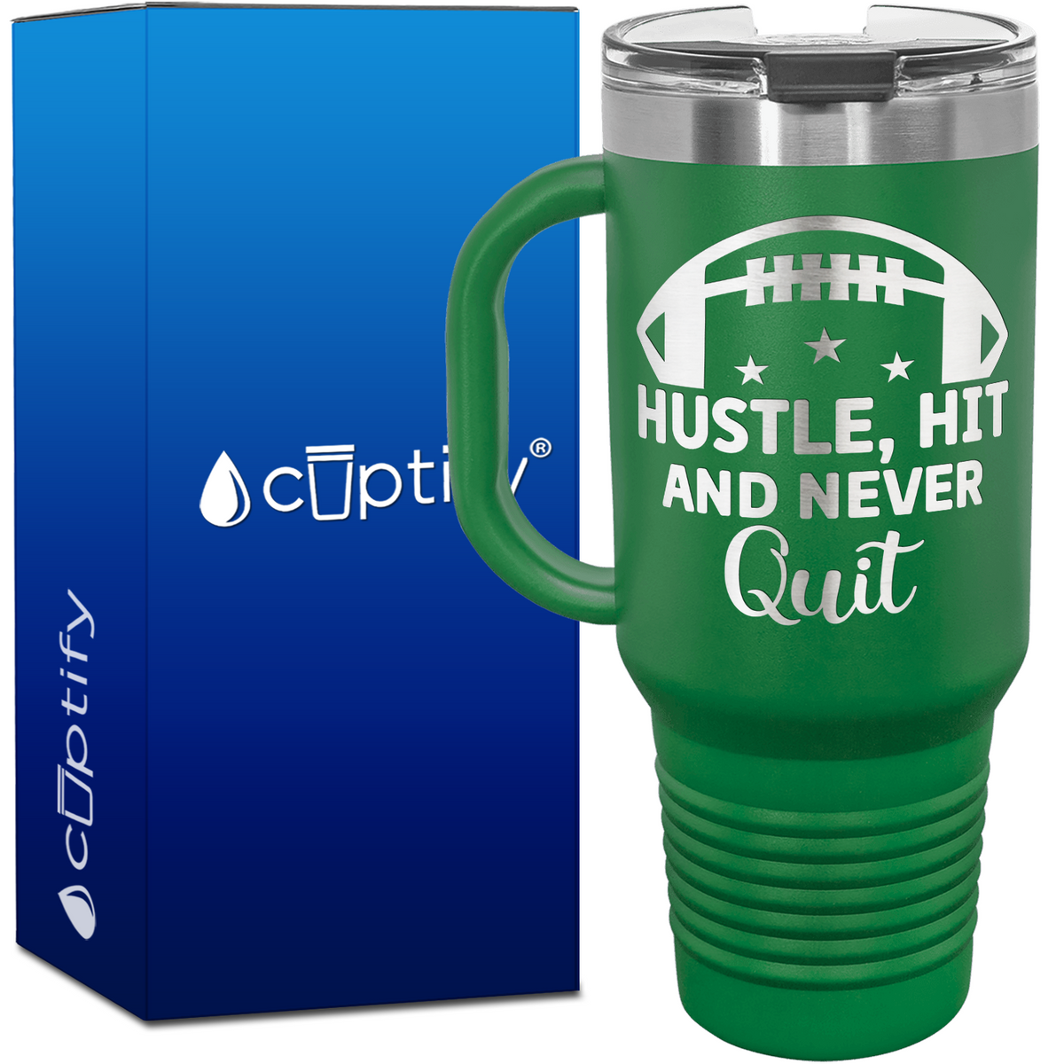 Hustle, Hit, and Never Quit Football 40oz Football Travel Mug