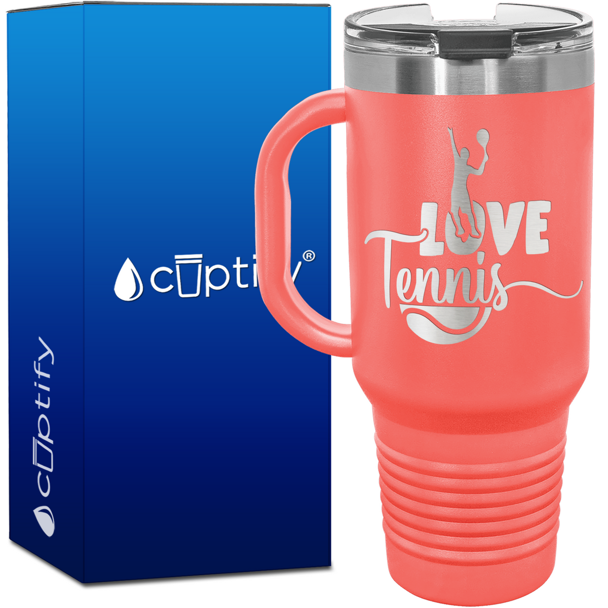 Love Tennis with Player Silhouette 40oz Tennis Travel Mug