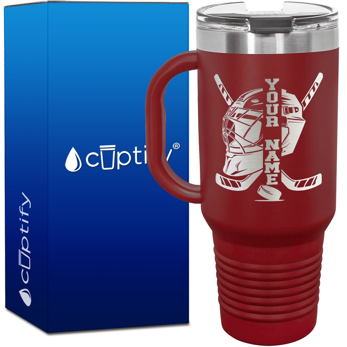 Personalized Hockey Goalie Helmet and Sticks 40oz Travel Mug