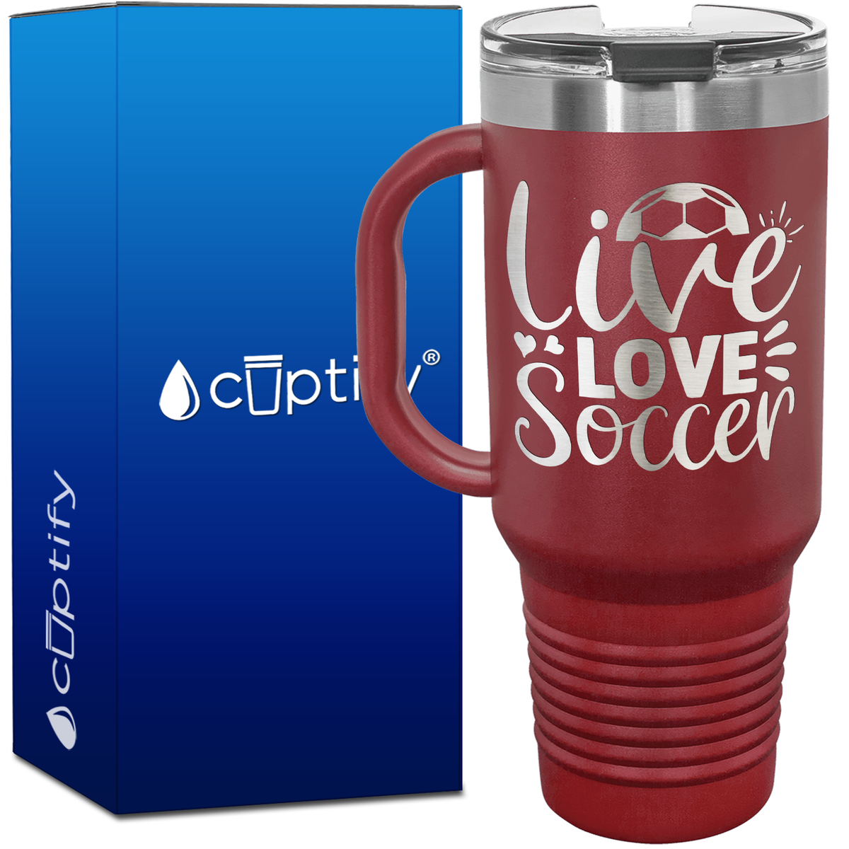 Live Love Soccer Hearts and Ball 40oz Soccer Travel Mug