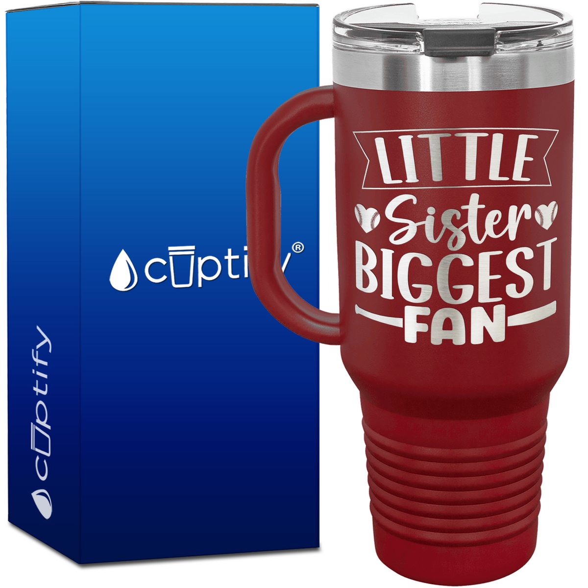 Little Sister Biggest Fan Baseball Hearts 40oz Baseball Travel Mug