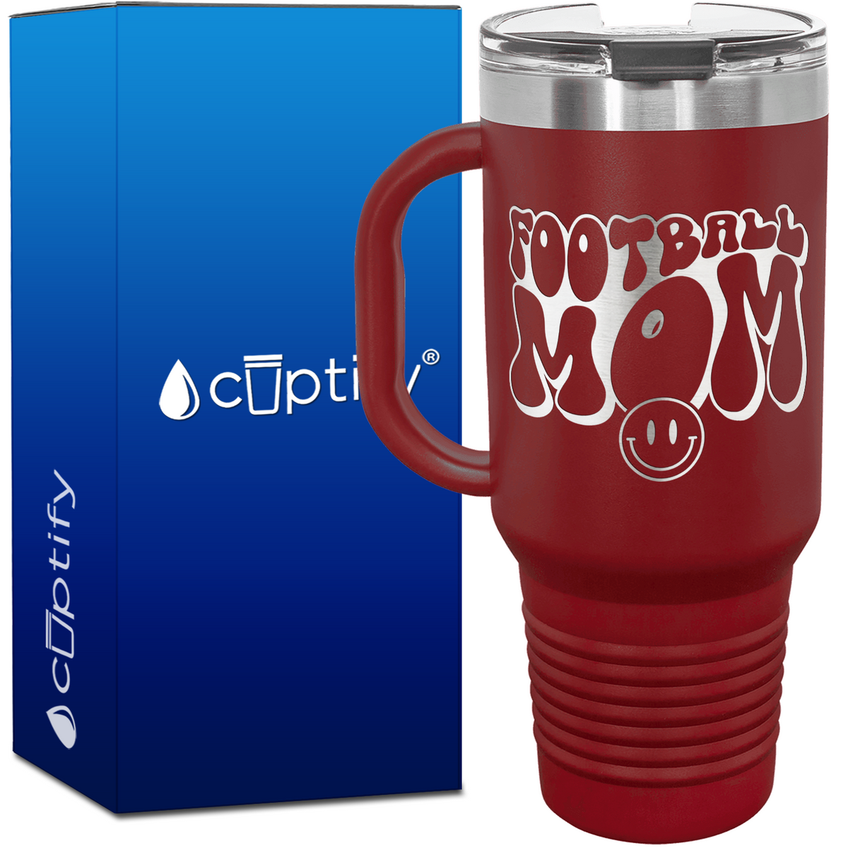 Football Mom Smiley Face 40oz Football Travel Mug