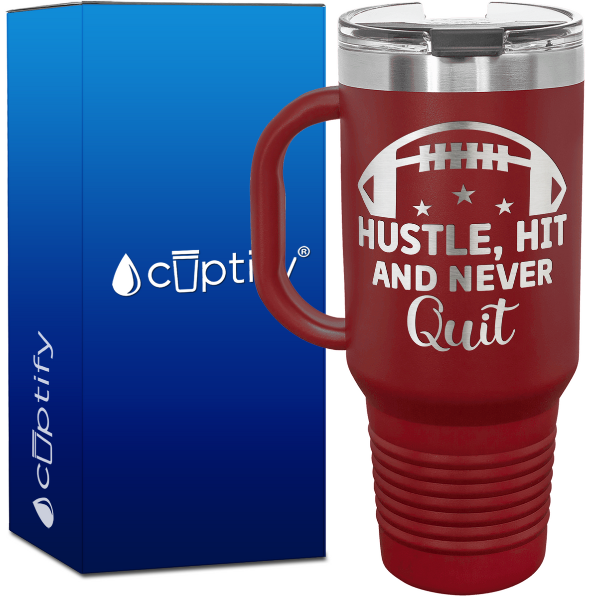Hustle, Hit, and Never Quit Football 40oz Football Travel Mug