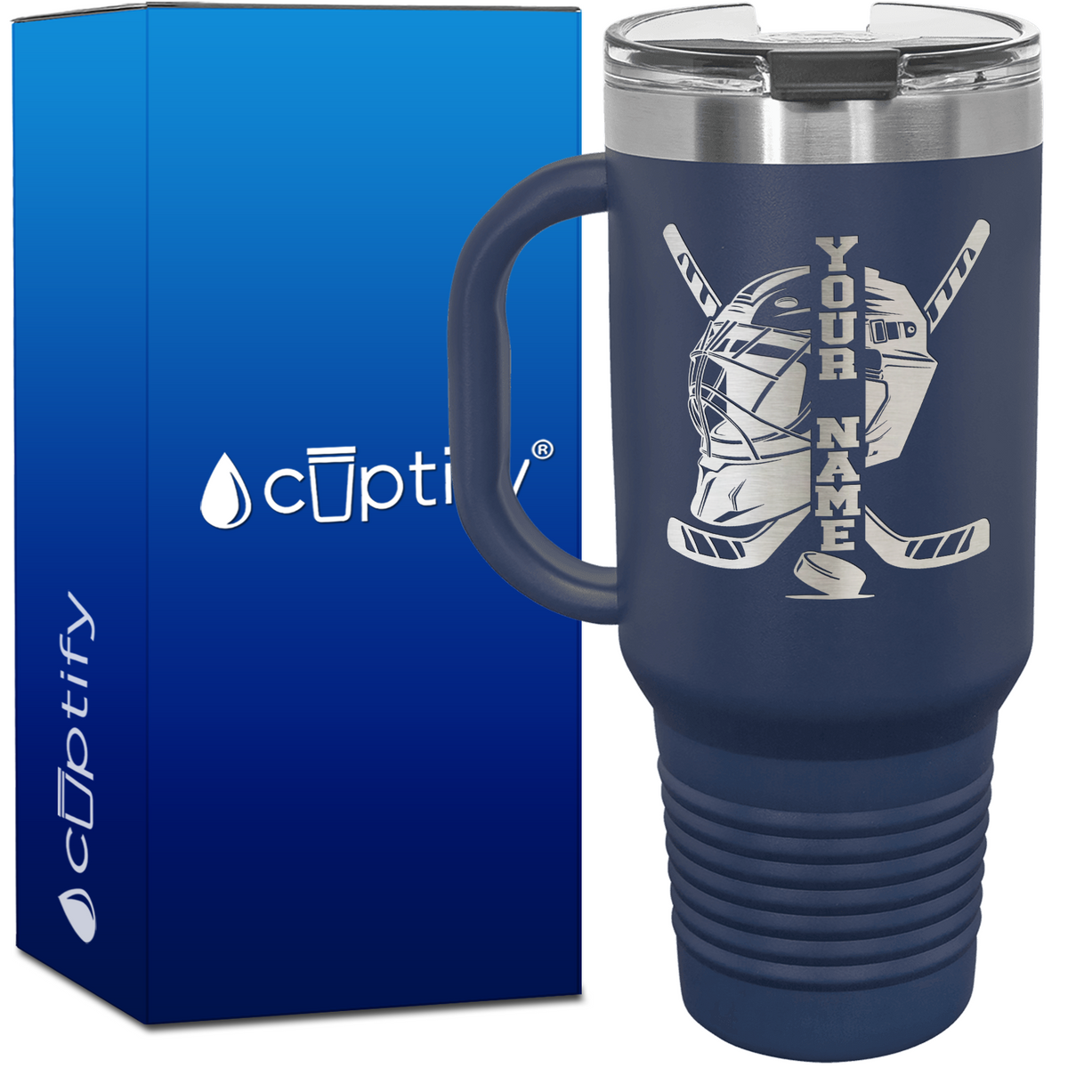 Personalized Hockey Goalie Helmet and Sticks 40oz Travel Mug