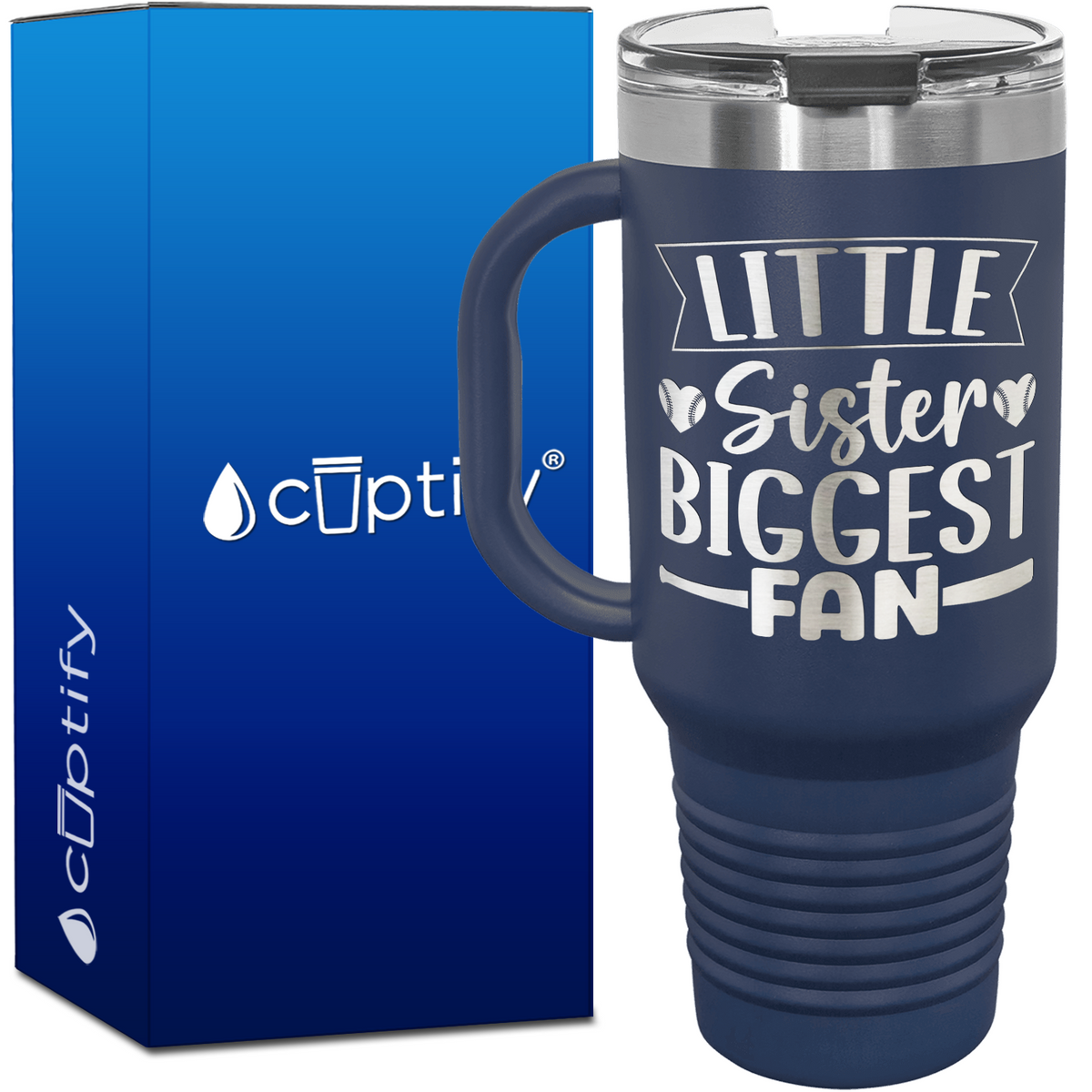 Little Sister Biggest Fan Baseball Hearts 40oz Baseball Travel Mug