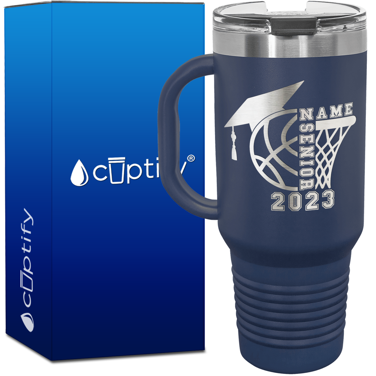Personalized Basketball Senior with Grad Cap 40oz Basketball Travel Mug