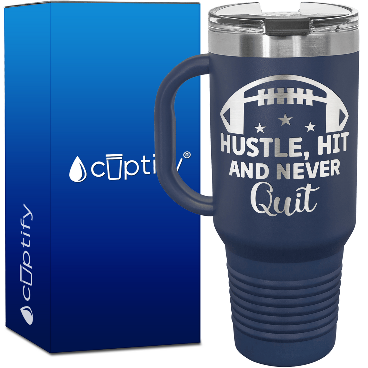 Hustle, Hit, and Never Quit Football 40oz Football Travel Mug