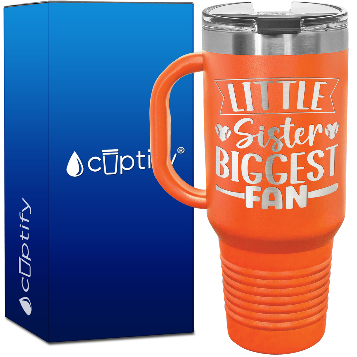 Little Sister Biggest Fan Baseball Hearts 40oz Baseball Travel Mug