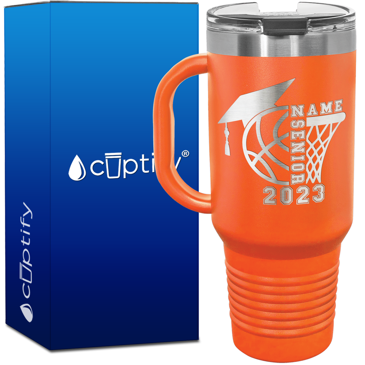 Personalized Basketball Senior with Grad Cap 40oz Basketball Travel Mug