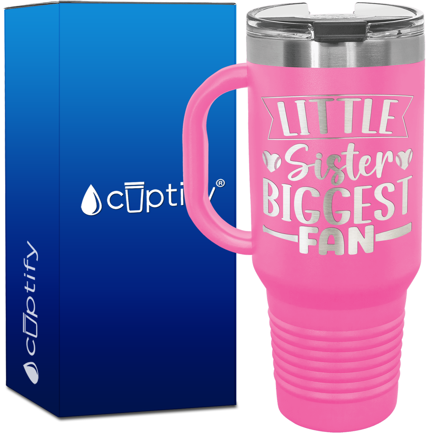 Little Sister Biggest Fan Baseball Hearts 40oz Baseball Travel Mug