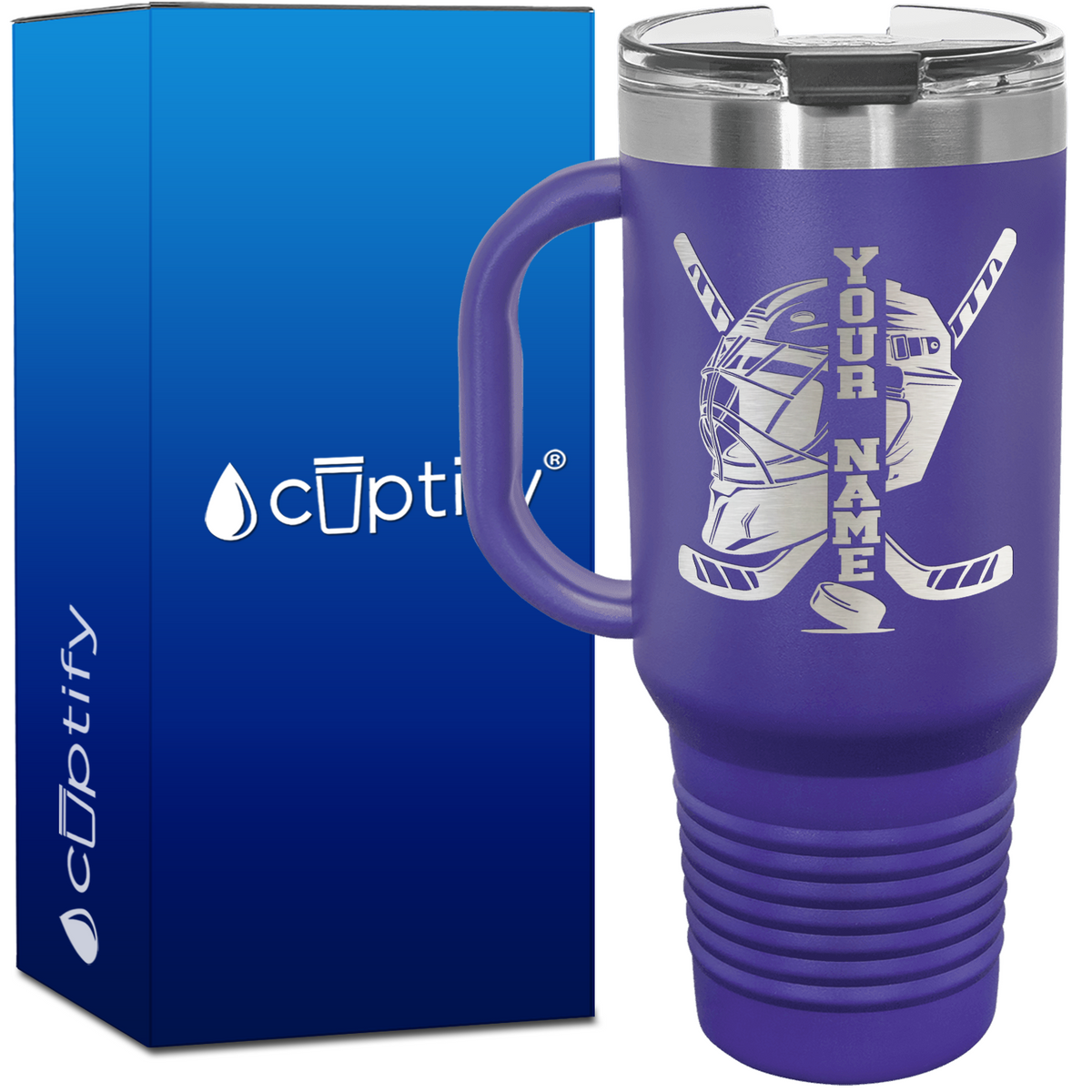 Personalized Hockey Goalie Helmet and Sticks 40oz Travel Mug