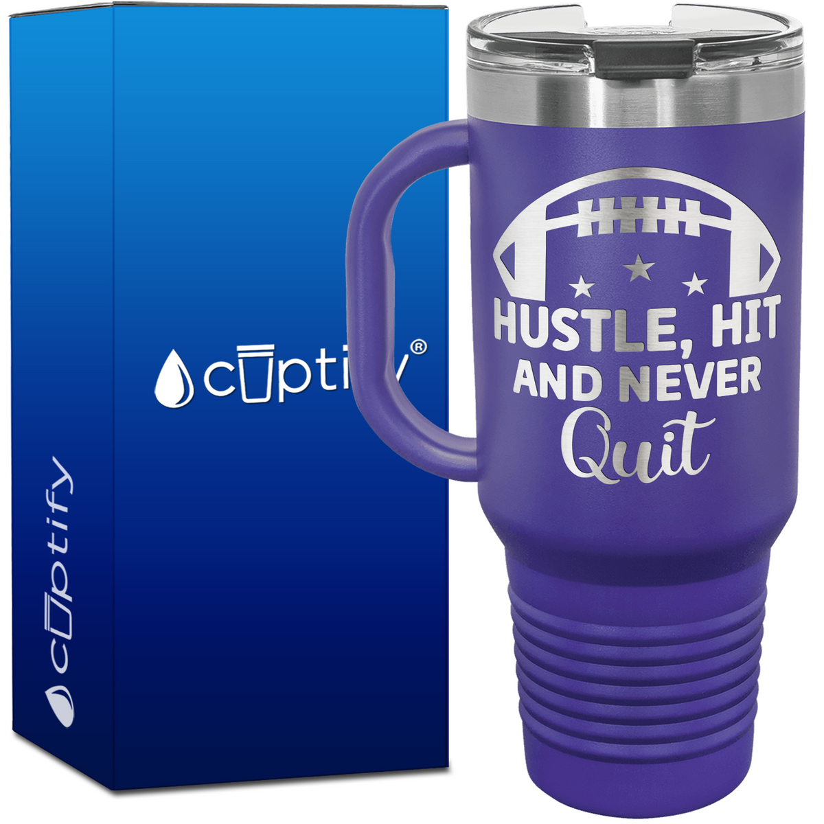 Hustle, Hit, and Never Quit Football 40oz Football Travel Mug