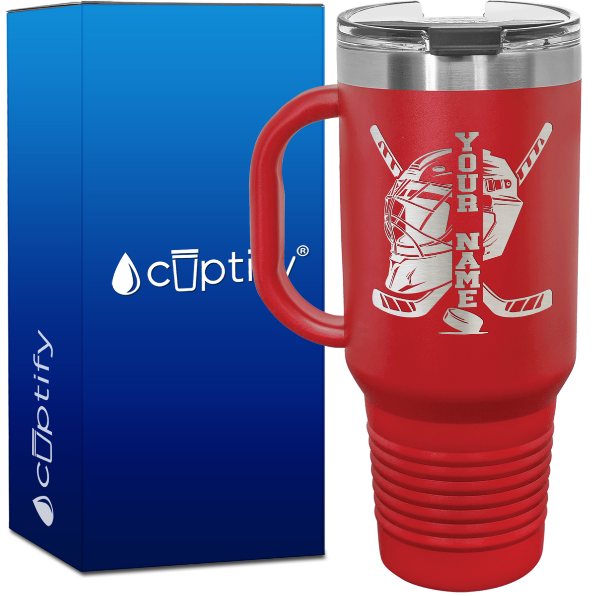 Personalized Hockey Goalie Helmet and Sticks 40oz Travel Mug