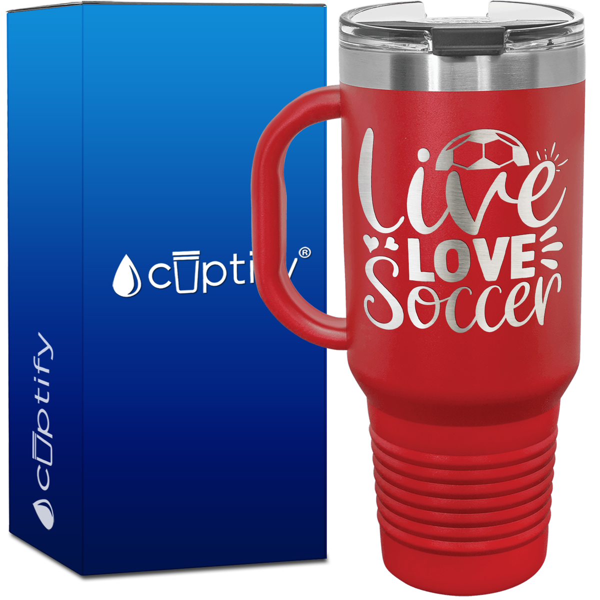 Live Love Soccer Hearts and Ball 40oz Soccer Travel Mug