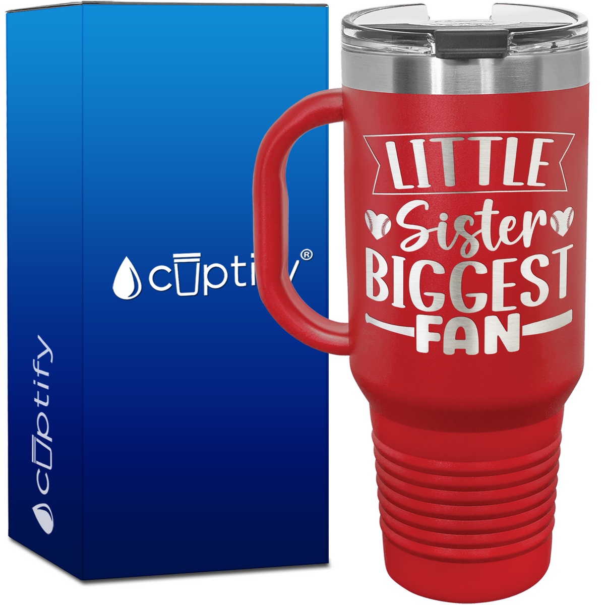 Little Sister Biggest Fan Baseball Hearts 40oz Baseball Travel Mug