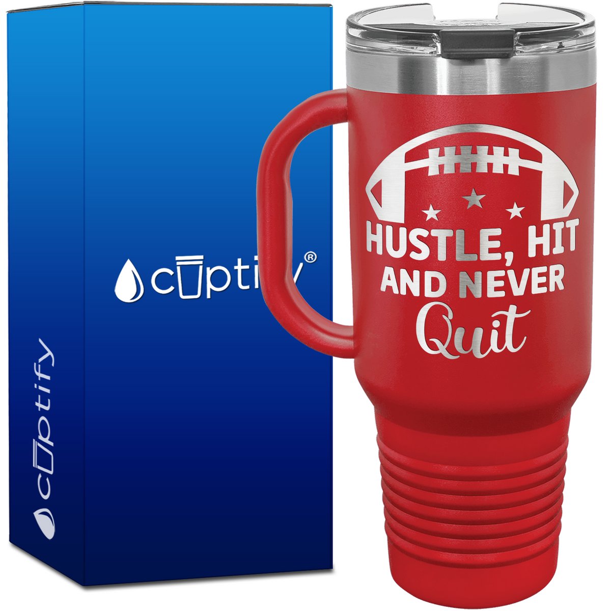 Hustle, Hit, and Never Quit Football 40oz Football Travel Mug