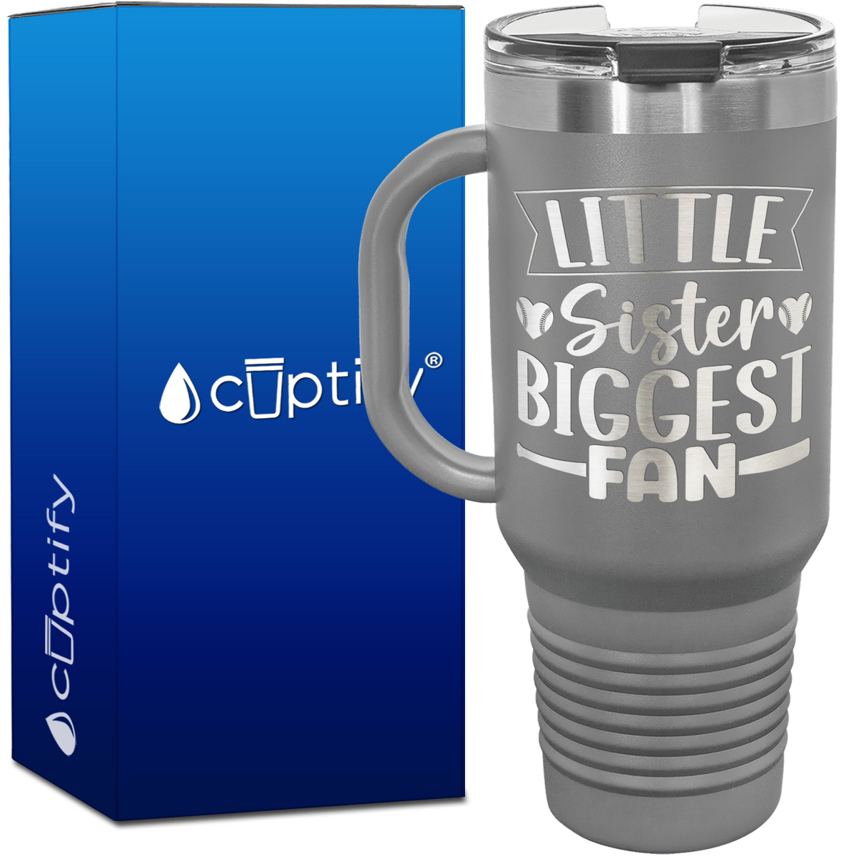 Little Sister Biggest Fan Baseball Hearts 40oz Baseball Travel Mug