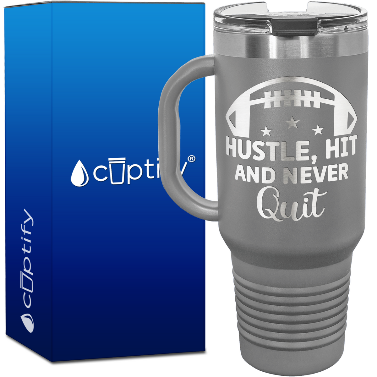 Hustle, Hit, and Never Quit Football 40oz Football Travel Mug