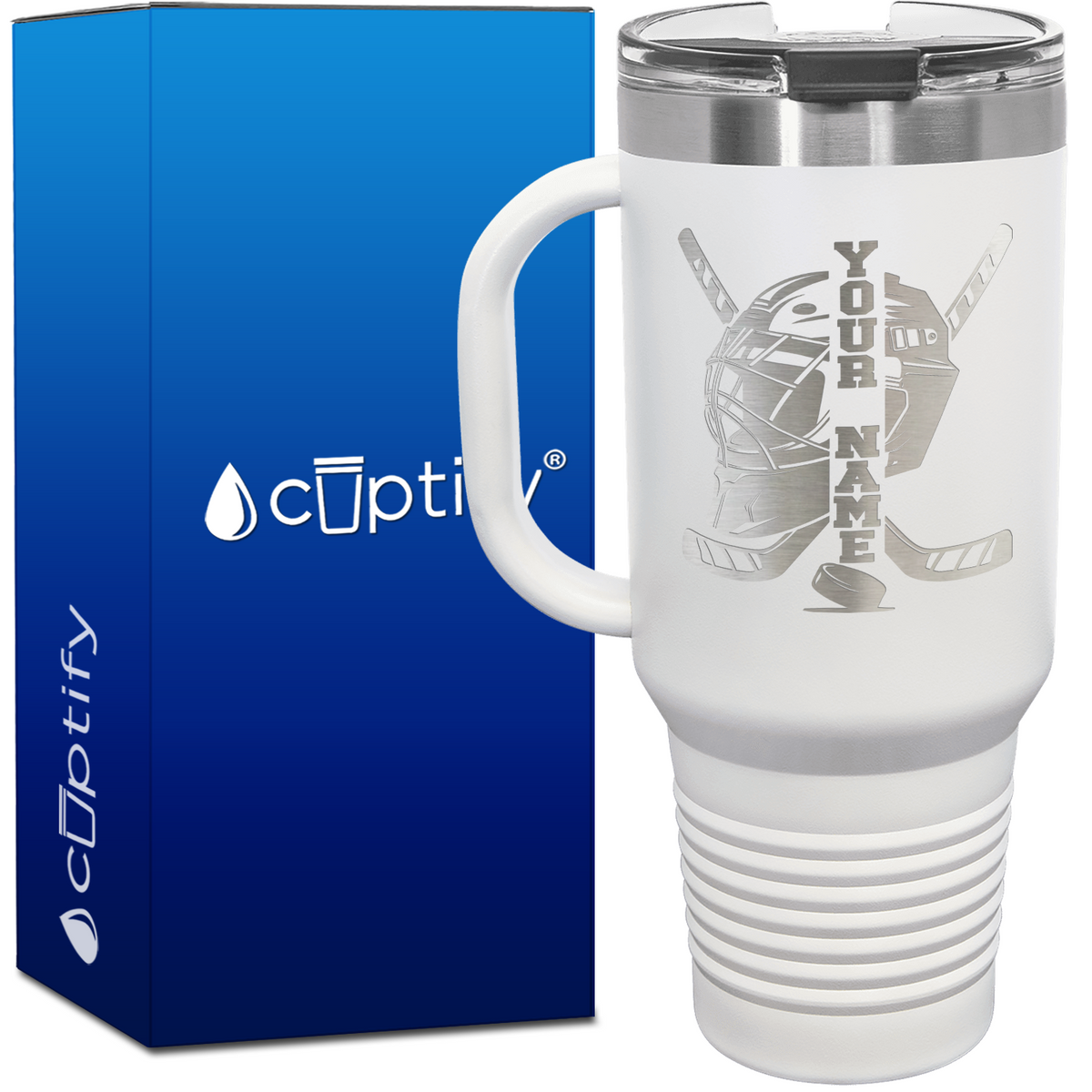 Personalized Hockey Goalie Helmet and Sticks 40oz Travel Mug