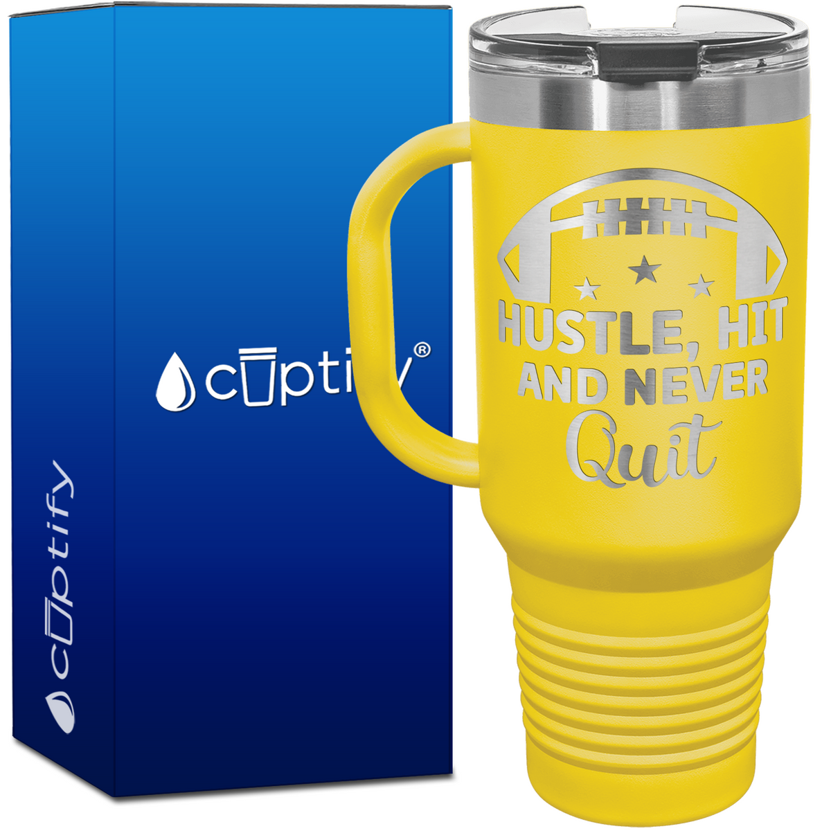 Hustle, Hit, and Never Quit Football 40oz Football Travel Mug