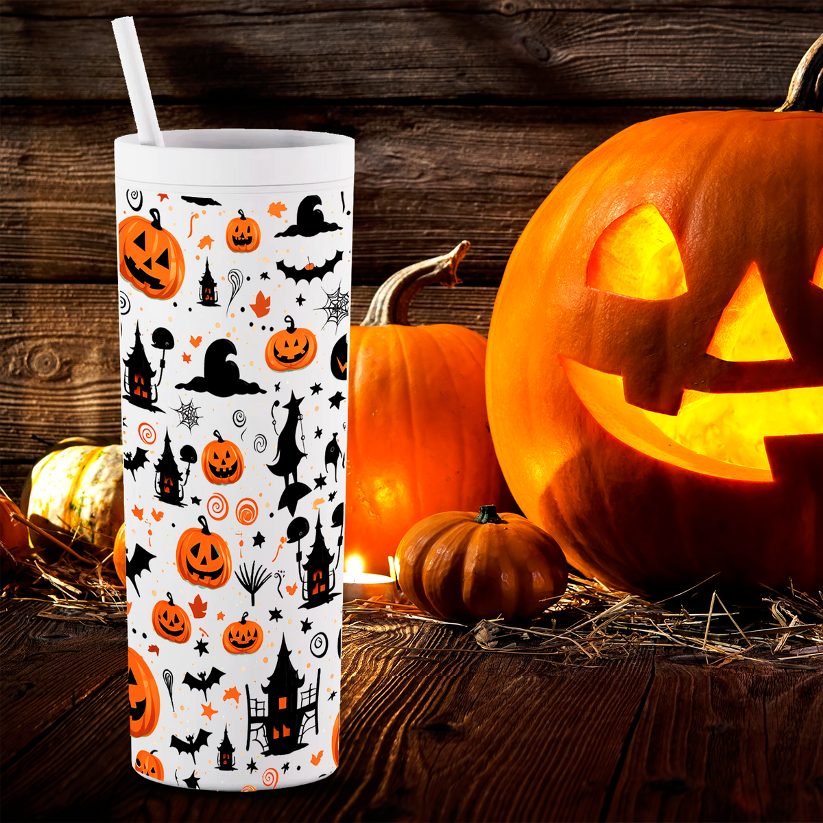 Spooky Pumpkins and Bats 18oz Acrylic Personalized Halloween Tumbler
