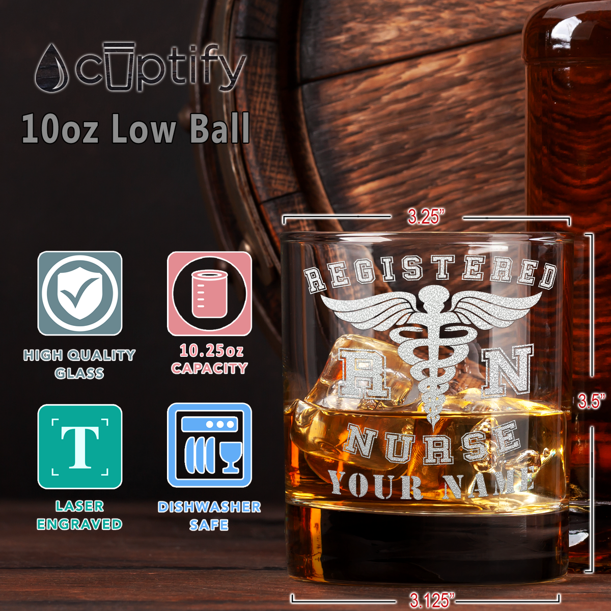 Personalized RN Registered Nurse Etched on 10.25oz Old Fashion Glass