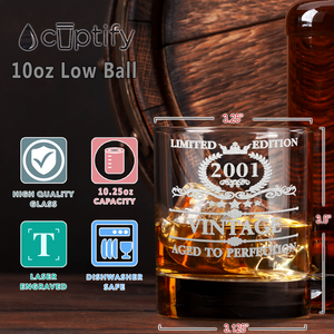 20th Birthday Vintage 20 Years Old Established 2001 Laser Engraved 10.25oz Old Fashion Glass