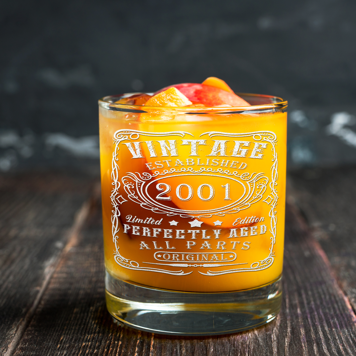 24th Birthday Gift Vintage Established 2001 Engraved on 10.25oz Old Fashion Glass