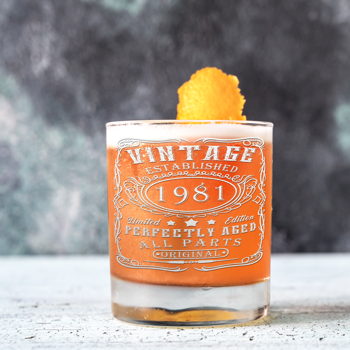 44th Birthday Gift Vintage Established 1981 Engraved on 10.25oz Old Fashion Glass