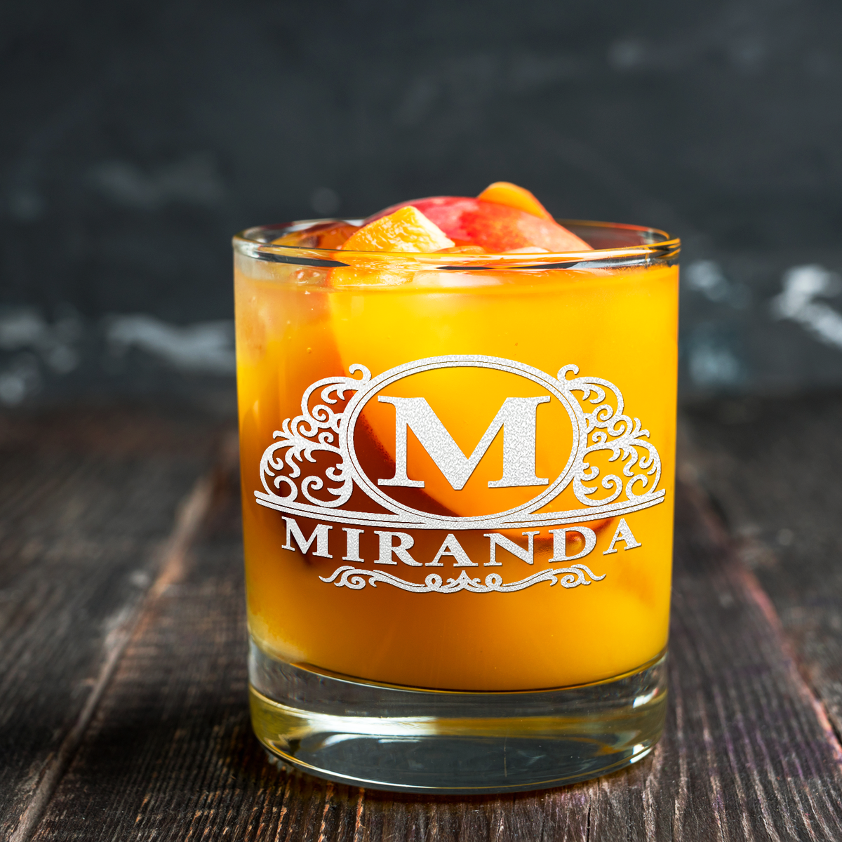 Personalized Elaborate Circle Monogram Laser Engraved on 10.25 oz Rocks Old Fashion Glass