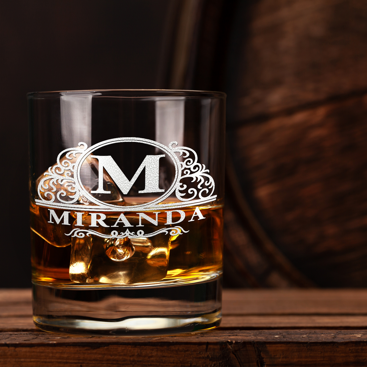 Personalized Elaborate Circle Monogram Laser Engraved on 10.25 oz Rocks Old Fashion Glass