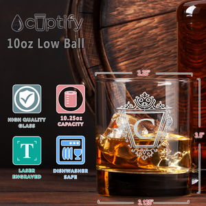 Personalized Classic Crest Monogram Laser Engraved on 10.25 oz Rocks Old Fashion Glass