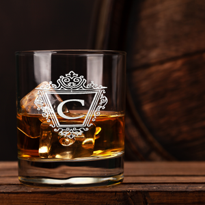 Personalized Classic Crest Monogram Laser Engraved on 10.25 oz Rocks Old Fashion Glass