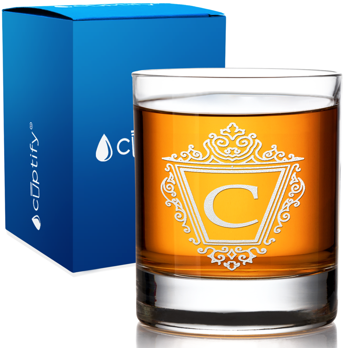 Personalized Classic Crest Monogram Etched 10.25 oz Old Fashioned Glass