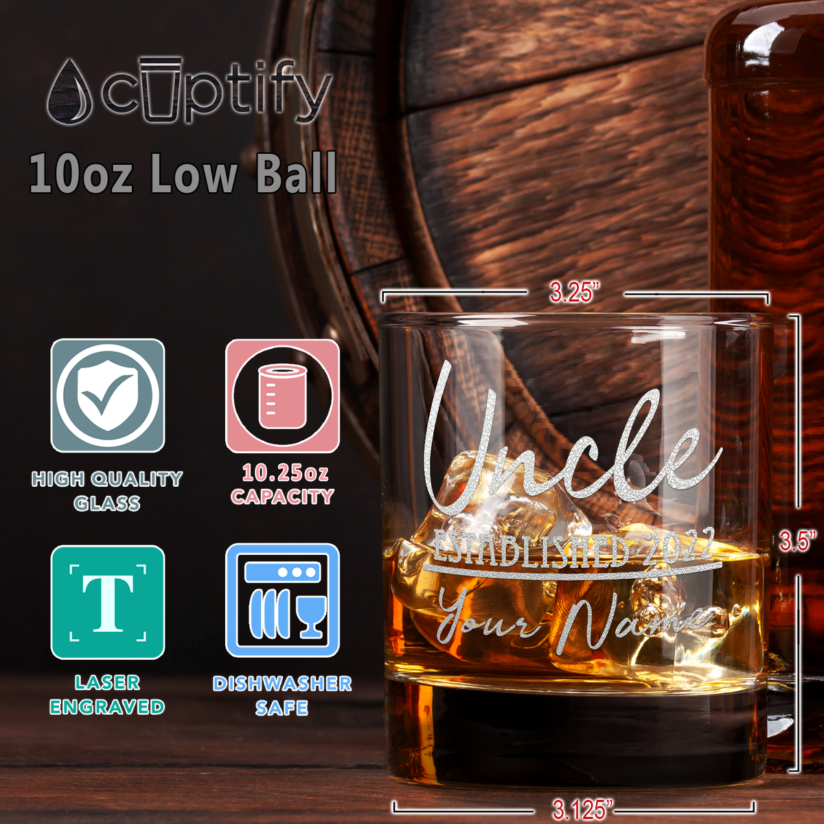 Personalized Uncle Established 2022 Etched 10.25 oz Old Fashion Glass