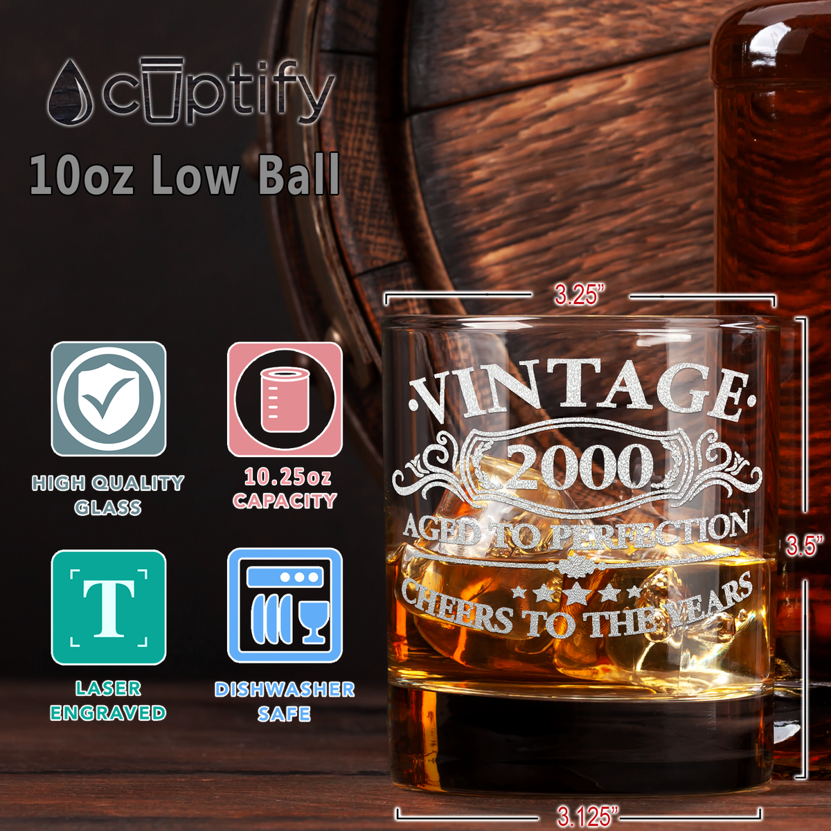 Vintage Aged To Perfection Cheers To 21 Years 2000 Laser Engraved on 10.25oz Old Fashion Glass