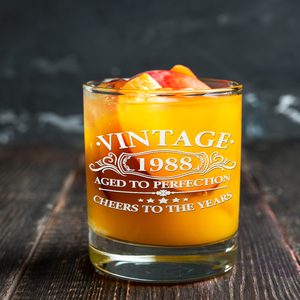 33rd Birthday Gift Vintage Aged To Perfection Cheers To 33 Years 1988 Laser Engraved on 10.25oz Old Fashion Glass