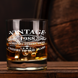 33rd Birthday Gift Vintage Aged To Perfection Cheers To 33 Years 1988 Laser Engraved on 10.25oz Old Fashion Glass