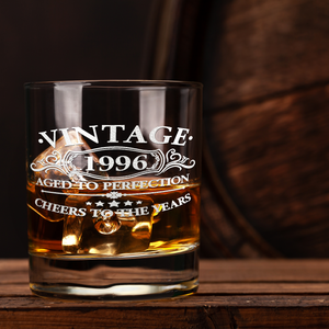 25th Birthday Gift Vintage Aged To Perfection Cheers To 25 Years 1996 Laser Engraved on 10.25oz Old Fashion Glass