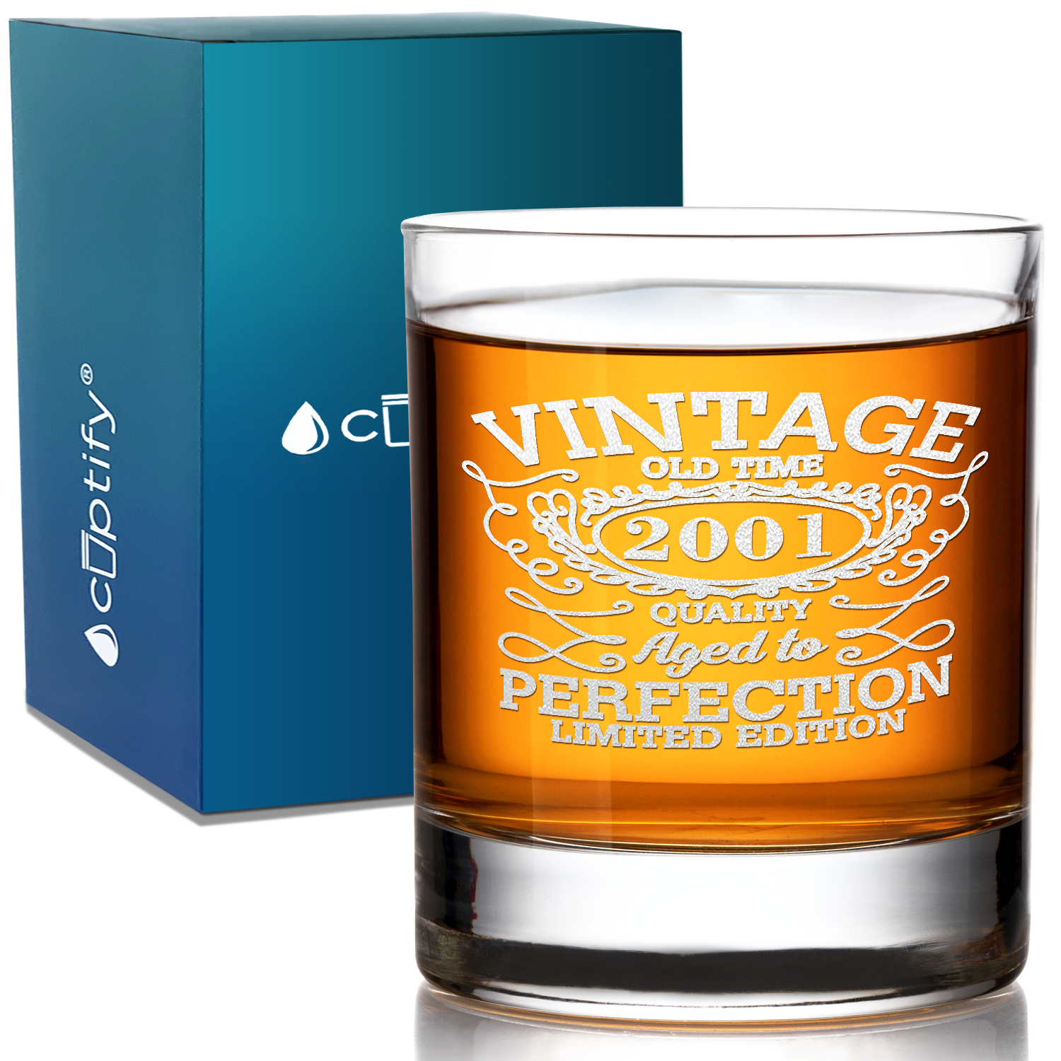 20th Birthday Vintage 20 Years Old Time 2001 Quality Laser Engraved 10.25oz Old Fashion Glass
