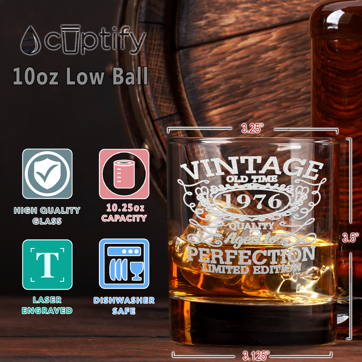 45th Birthday Vintage 45 Years Old Time 1976 Quality Laser Engraved 10.25oz Old Fashion Glass