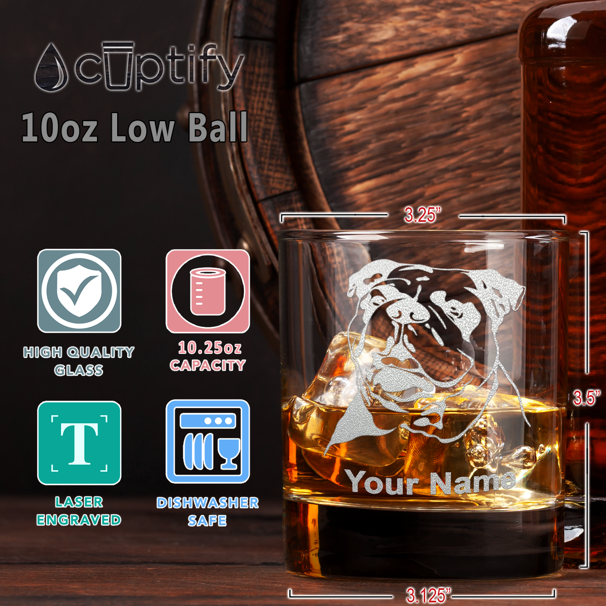 Personalized Bulldog Head Etched on 10.25oz Old Fashion Glass