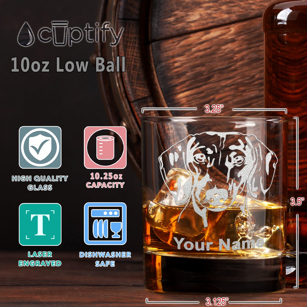 Personalized Dachshund Head Etched on 10.25oz Old Fashion Glass