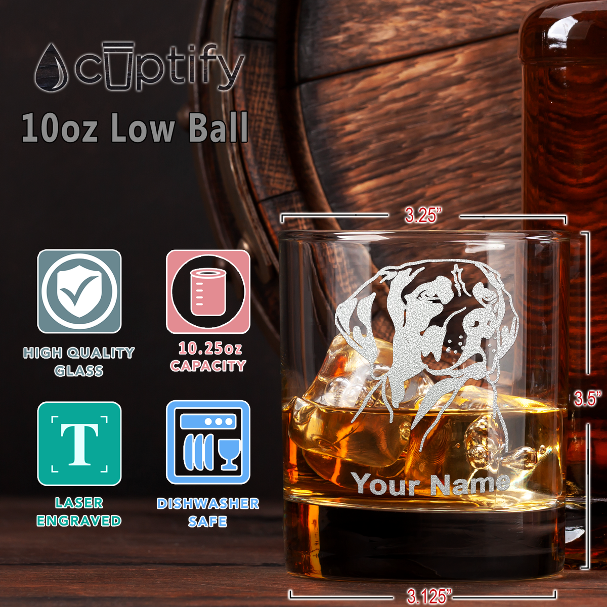 Personalized German Shorthaired Pointer Head Etched on 10.25oz Old Fashion Glass