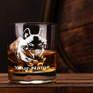 Personalized Siberian Huskie Head Etched on 10.25oz Old Fashion Glass