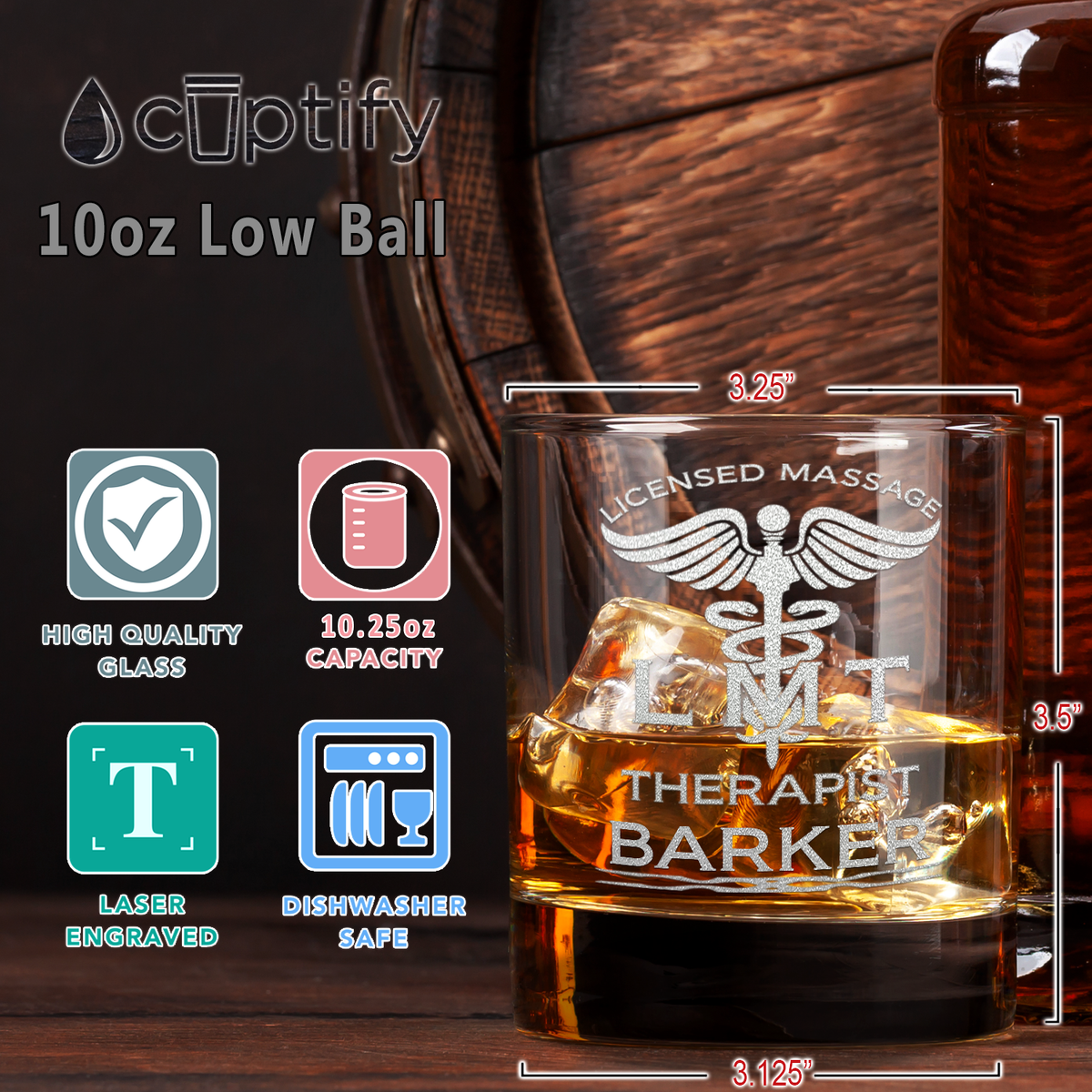 Personalized LMT Licensed Massage Therapist Etched on 10.25oz Old Fashion Glass