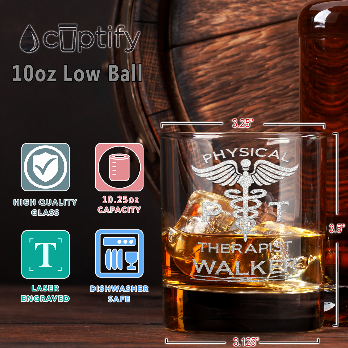 Personalized PT Physical Therapist Etched on 10.25oz Old Fashion Glass